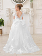 Ivory Lace Tulle First Communion Flower Girl Dress With Detachable Train