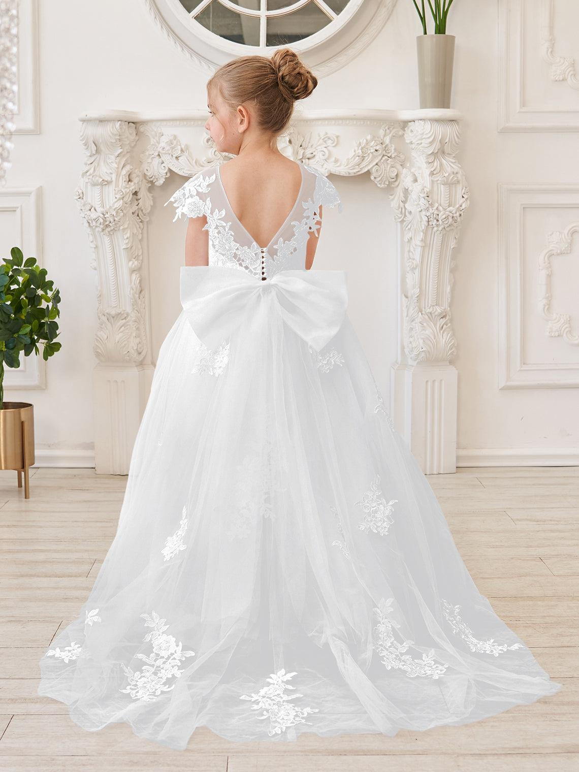 Ivory Lace Tulle First Communion Flower Girl Dress With Detachable Train