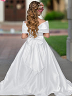 Ivory Satin Flower Girl Princess Ball Gown With Sweep Train And Bow Trim