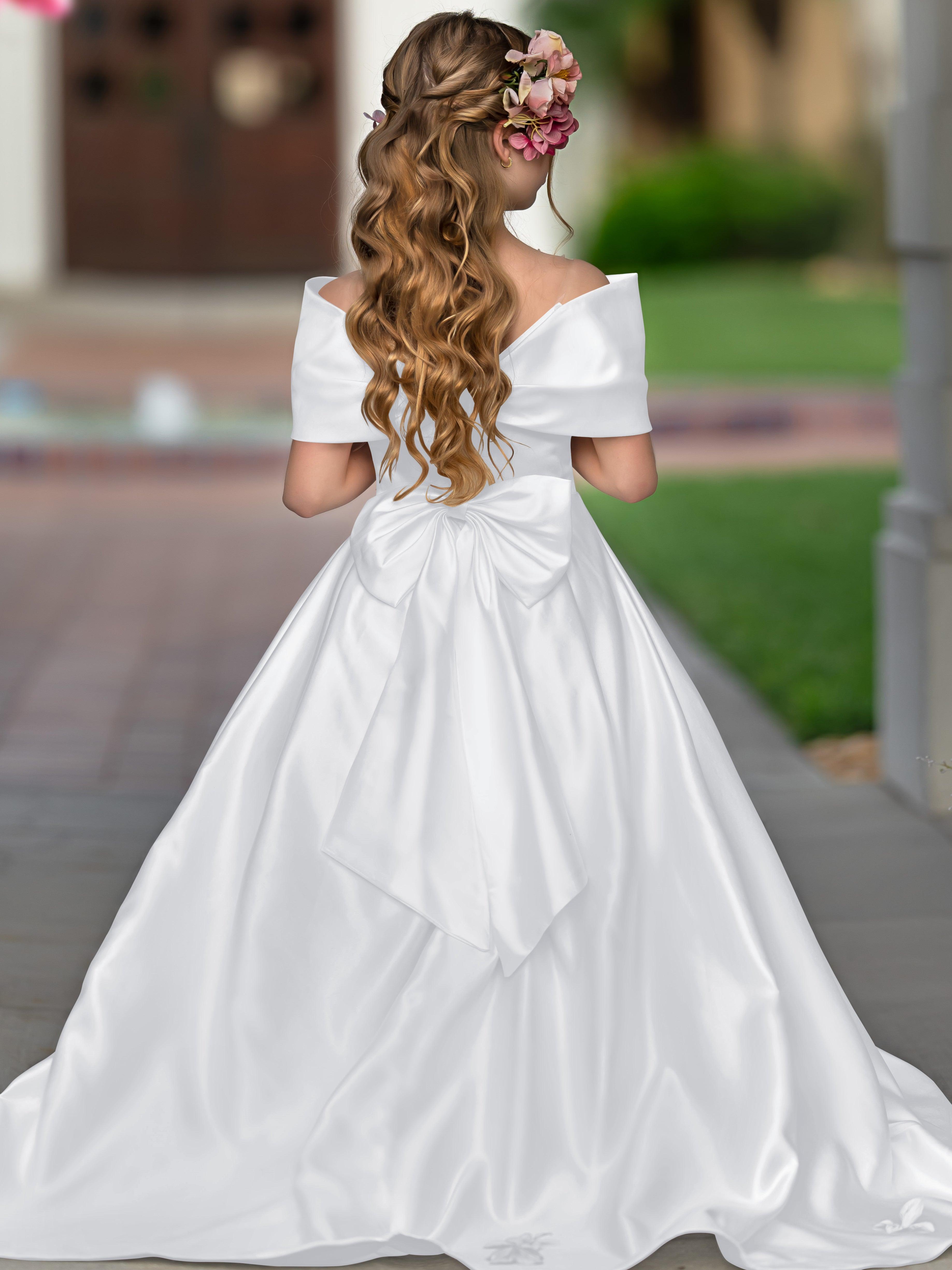 Ivory Satin Flower Girl Princess Ball Gown With Sweep Train And Bow Trim