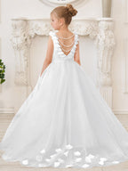 Elegant White Tulle Flower Girl Applique Lace Dress With Sweep Train