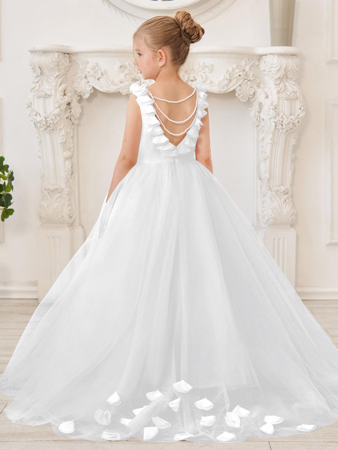 Elegant White Tulle Flower Girl Applique Lace Dress With Sweep Train
