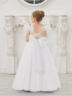 Detachable Lace Tulle Flower Girl Dress With Bow And Sweep Train
