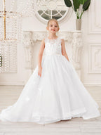 Elegant Sleeveless Tulle Flower Girl Dress With Applique Lace And Sweep Train
