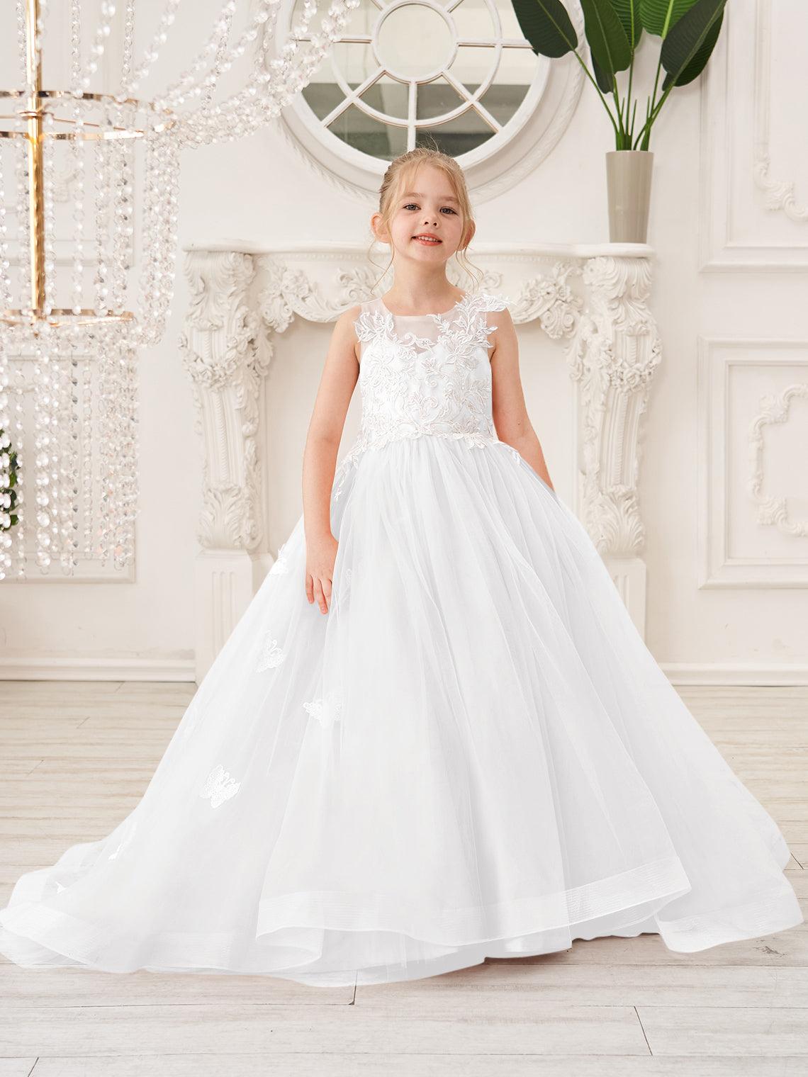 Elegant Sleeveless Tulle Flower Girl Dress With Applique Lace And Sweep Train