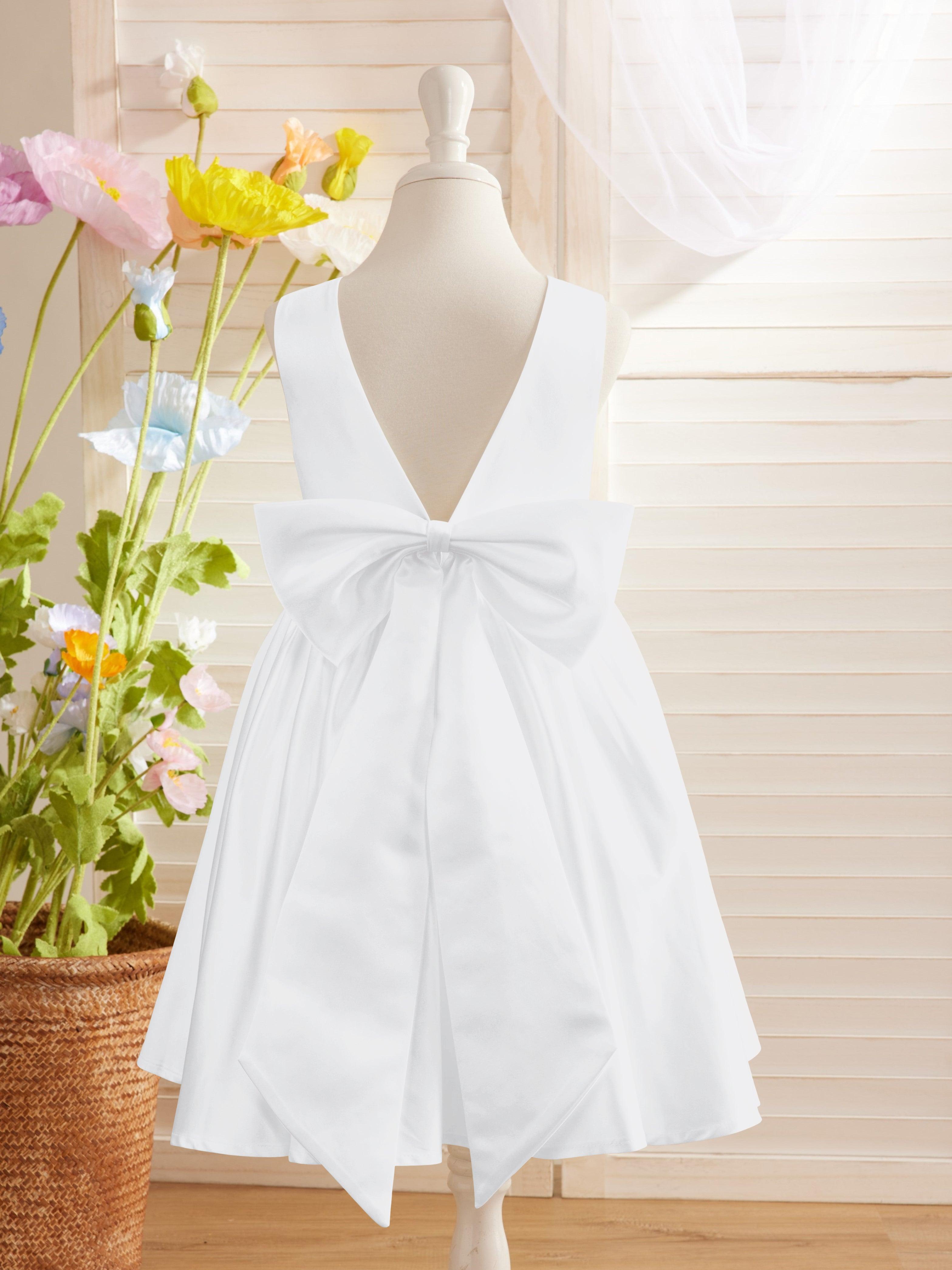 Ivory Satin Knee Length Flower Girl Dress Princess A Line Bow