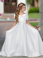 Ivory Satin Flower Girl Princess Ball Gown With Sweep Train And Bow Trim
