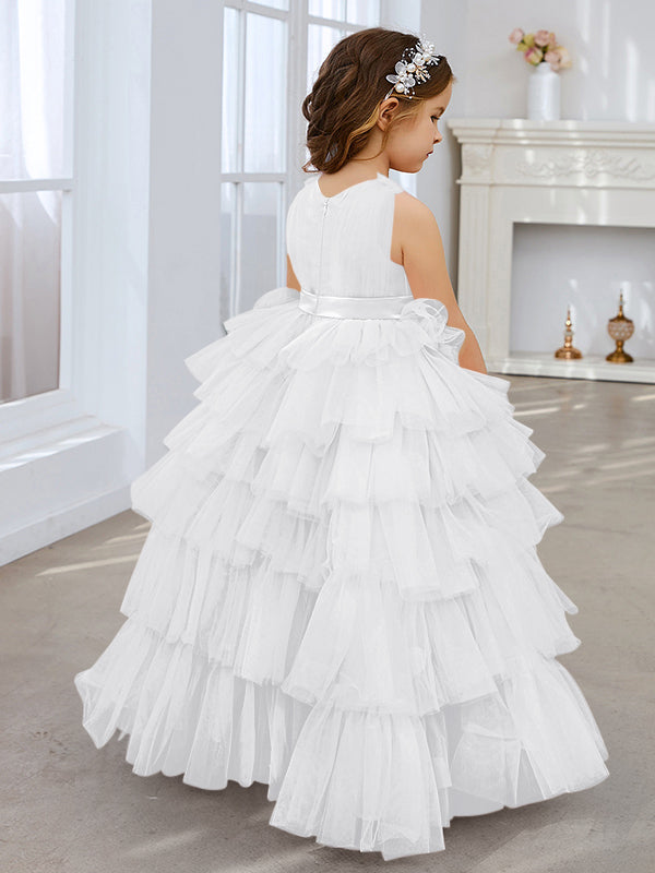 Ball-Gown/Princess Pearl Pink Sleeveless Tulle Bow Flower Girl Dress