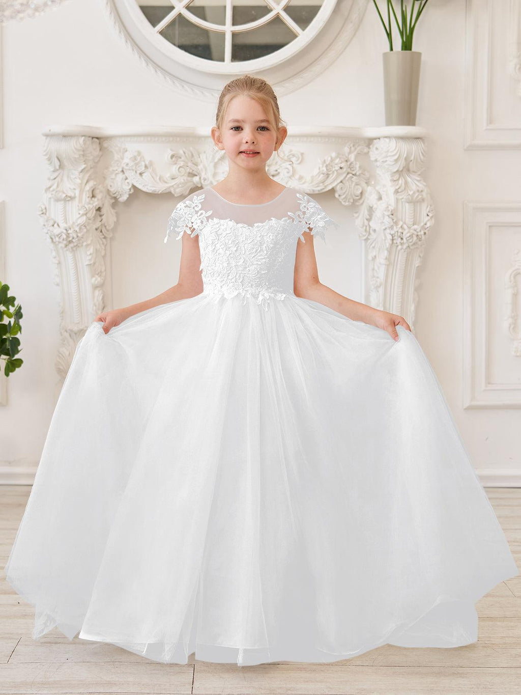 Ivory Lace Tulle First Communion Flower Girl Dress With Detachable Train