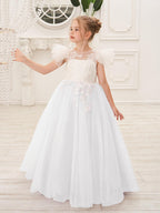Detachable Lace Tulle Flower Girl Dress With Bow And Sweep Train