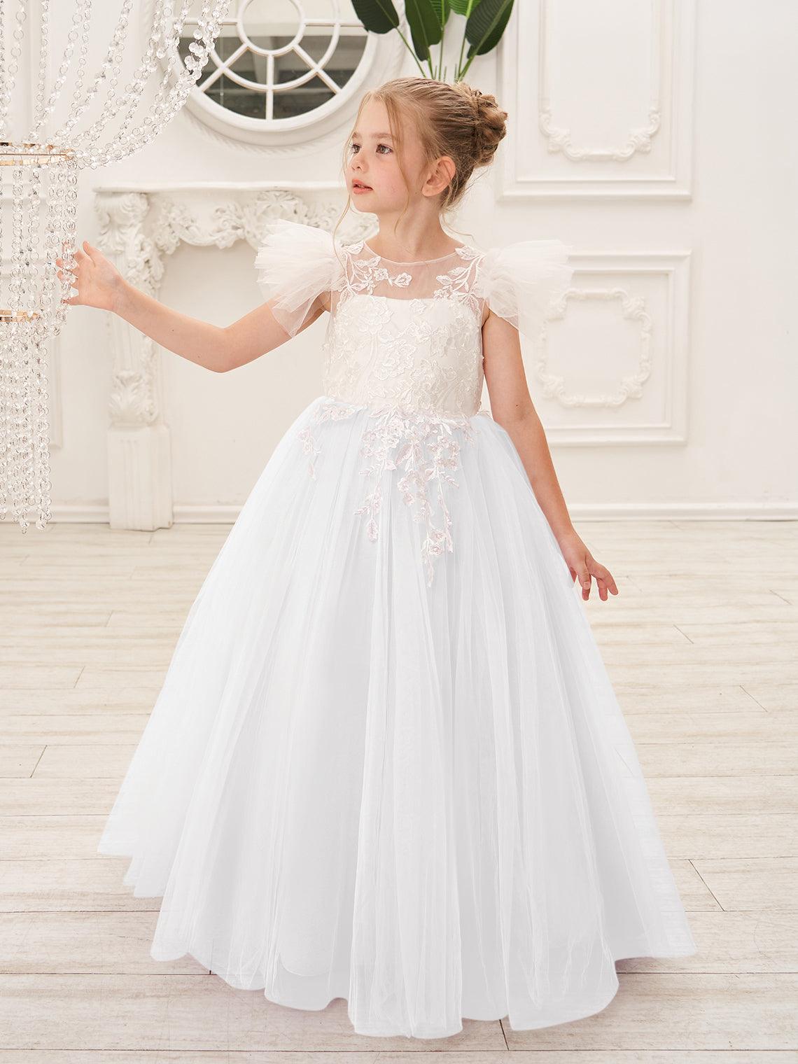 Detachable Lace Tulle Flower Girl Dress With Bow And Sweep Train