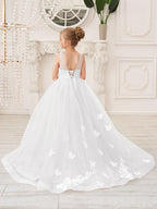 Elegant Sleeveless Tulle Flower Girl Dress With Applique Lace And Sweep Train