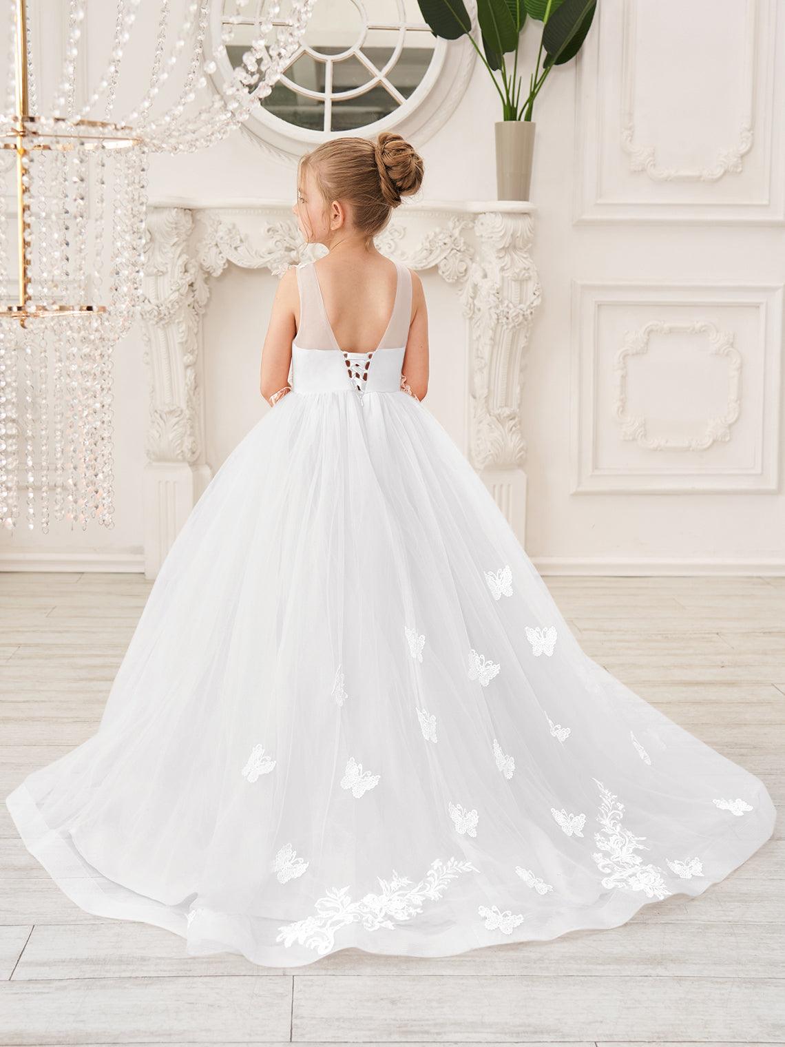 Elegant Sleeveless Tulle Flower Girl Dress With Applique Lace And Sweep Train
