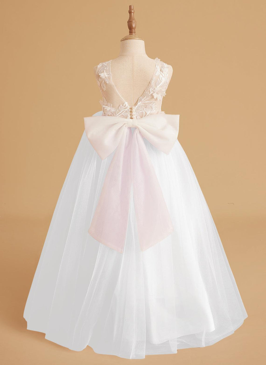 Sleeveless Princess Flower Girl Dress With Detachable Train And Beaded Lace