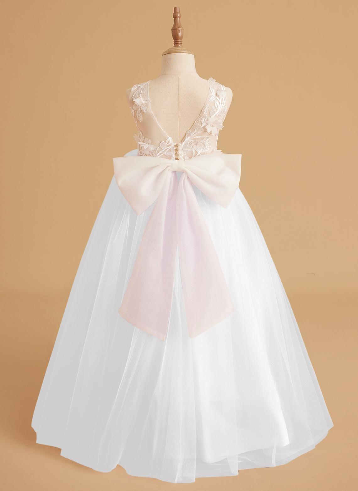Sleeveless Princess Flower Girl Dress With Detachable Train And Beaded Lace