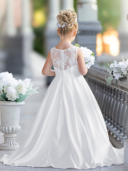 Robe de demoiselle d'honneur de première communion en satin et dentelle coupe A-line 