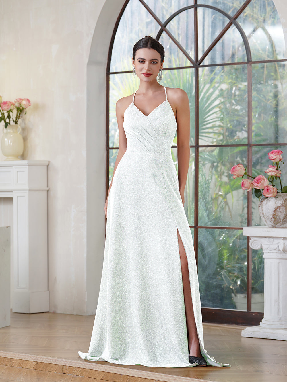 Robe de bal élégante longue en soie brillante, coupe évasée en A, col en V, dos nu, fendue sur le côté, robe de fête avec poche