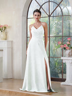 Robe de bal élégante longue en soie brillante, coupe évasée en A, col en V, dos nu, fendue sur le côté, robe de fête avec poche