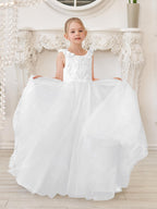 Elegant White Tulle Flower Girl Applique Lace Dress With Sweep Train