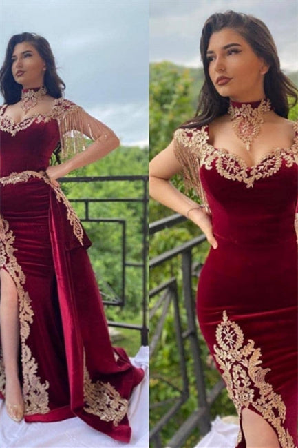 Wine red evening dresses long | Velvet evening wear