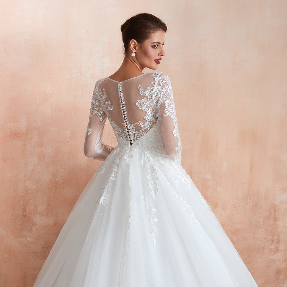 Wonderful Long A-line Appliques Tulle Wedding Dress with Sleeves