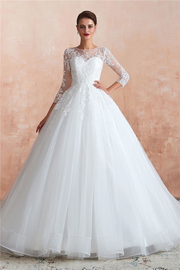 Wonderful Long A-line Appliques Tulle Wedding Dress with Sleeves