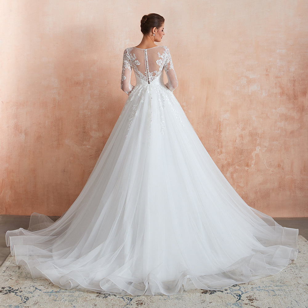 Wonderful Long A-line Appliques Tulle Wedding Dress with Sleeves
