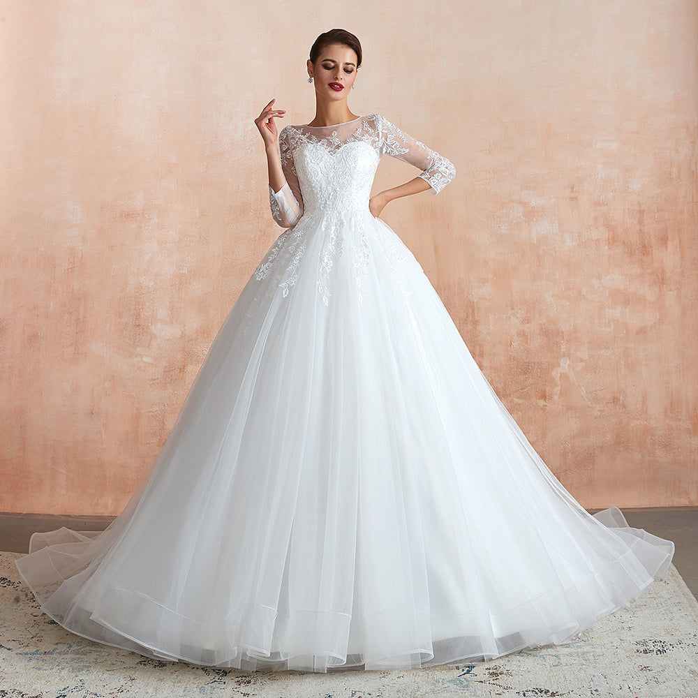 Wonderful Long A-line Appliques Tulle Wedding Dress with Sleeves