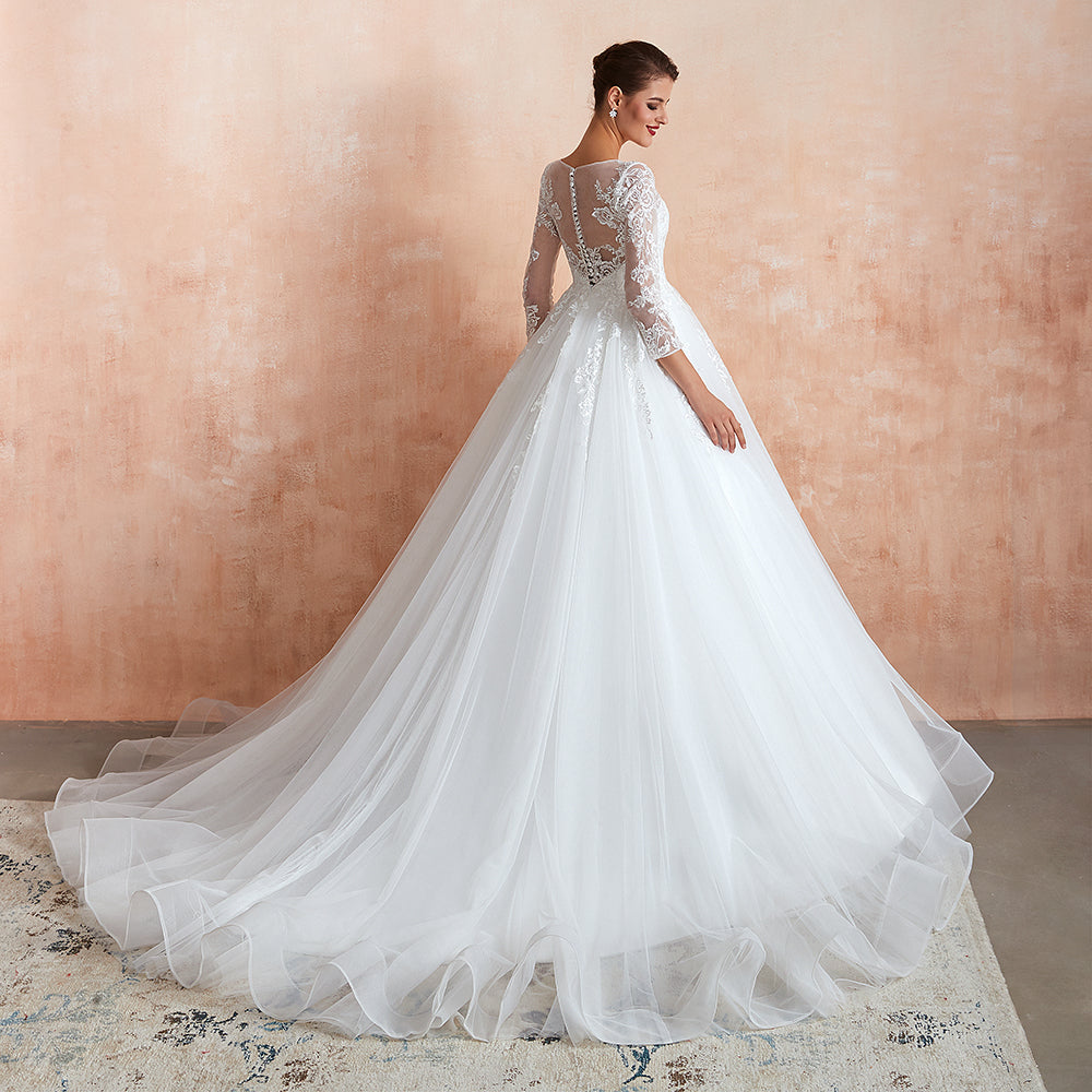 Wonderful Long A-line Appliques Tulle Wedding Dress with Sleeves
