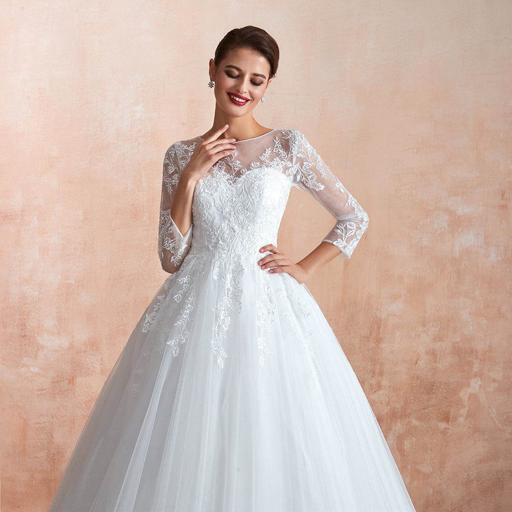 Wonderful Long A-line Appliques Tulle Wedding Dress with Sleeves