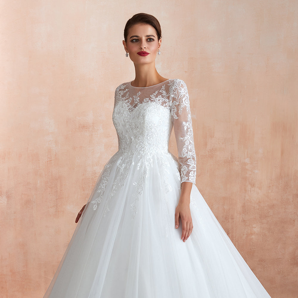 Wonderful Long A-line Appliques Tulle Wedding Dress with Sleeves