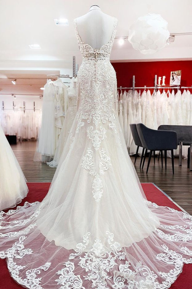 Ivory Sleeveless Tulle Lace Backless Mermaid Sweetheart Neckline Wedding Dress