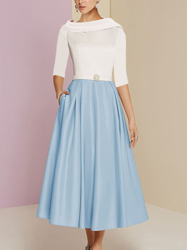 Tea Length Mother Of The Bride Dress A Line With Jewel Neckline And Pockets