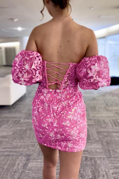 Trägerloses, kurzes Kleid mit Paillettenspitze und abnehmbaren Ärmeln