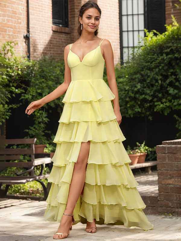 Yellow A Line V Neck Ruffled Tiered Chiffon Prom Dress With Slit