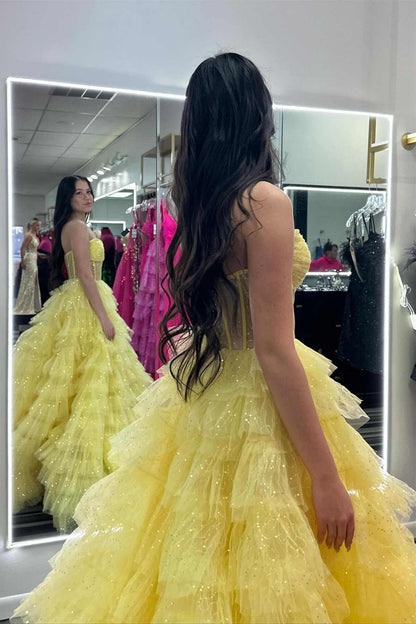 Roycebridal Aubriella | Vestido de fiesta de tul brillante con volantes, corte A y corsé sin tirantes