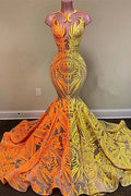 Gelbes und oranges Meerjungfrauen-Abendkleid aus Spitze lang im Angebot