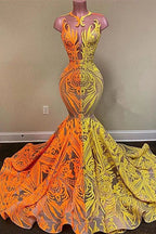 Gelbes und oranges Meerjungfrauen-Abendkleid aus Spitze lang im Angebot