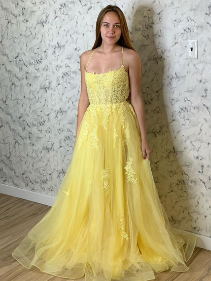 Vestidos de fiesta formales amarillos largos de tul con encaje y espalda abierta