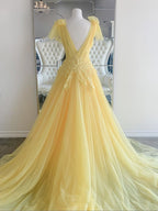 Yellow Long A-line V Neck Lace Tulle Backless Formal Graduation Prom Dresses