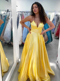 Yellow Long A Line V Neck Satin Formal Graduation Prom Dresses
