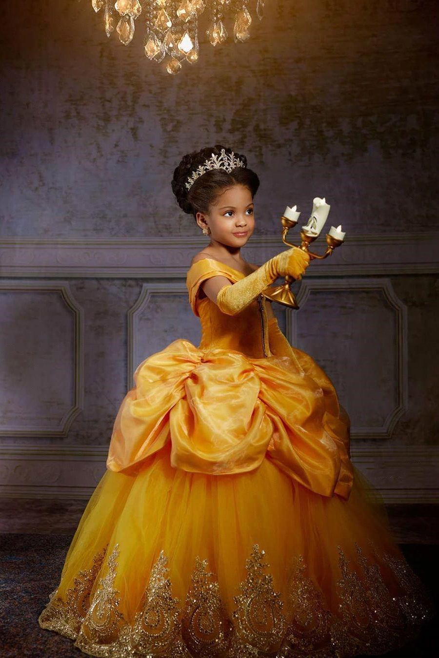 Yellow Princess Dress For Girls With Lace Off Shoulder Velvet Tulle