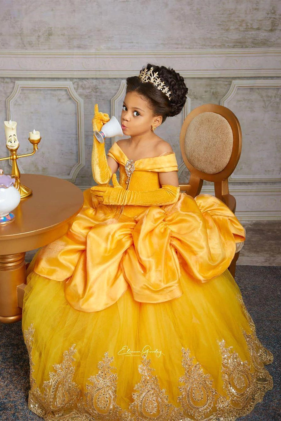 Yellow Princess Dress For Girls With Lace Off Shoulder Velvet Tulle
