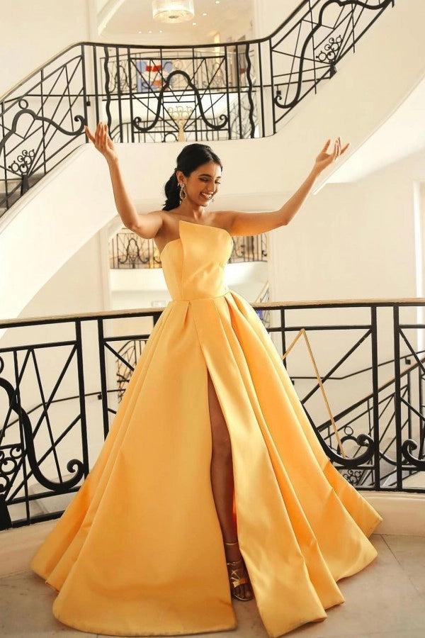 Yellow Satin Ball Gown Prom Dress Strapless Pleated Corset Back