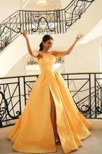 Yellow Satin Ball Gown Prom Dress Strapless Pleated Corset Back