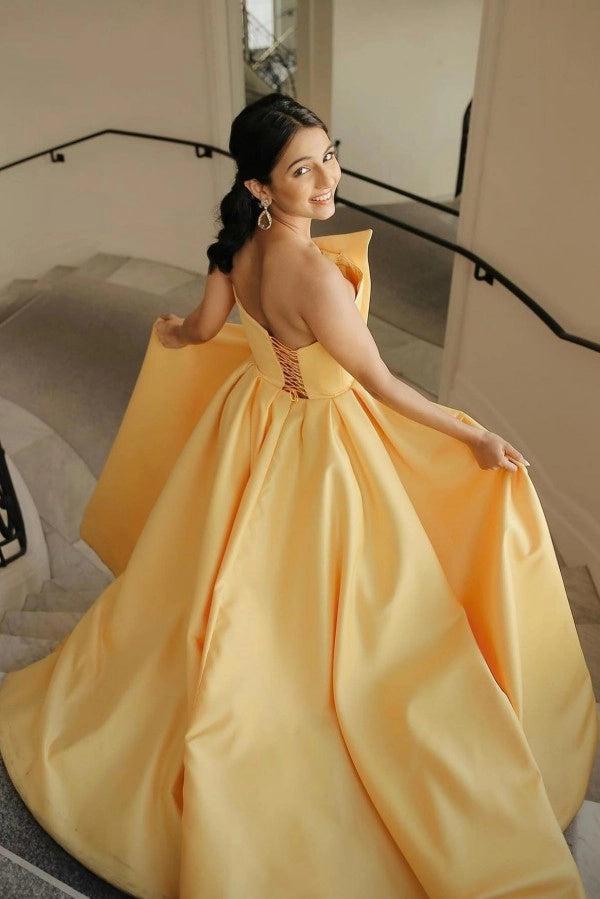 Yellow Satin Ball Gown Prom Dress Strapless Pleated Corset Back
