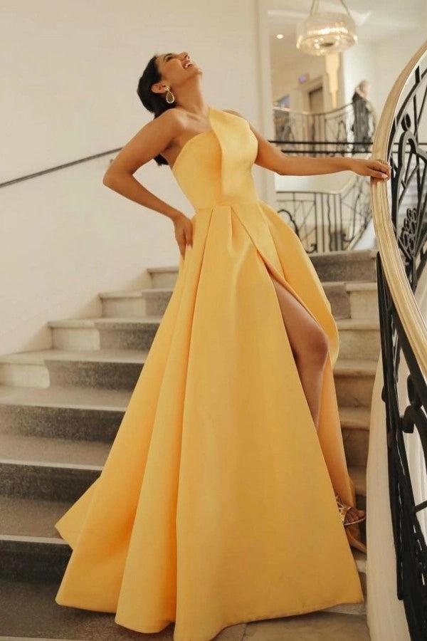 Yellow Satin Ball Gown Prom Dress Strapless Pleated Corset Back