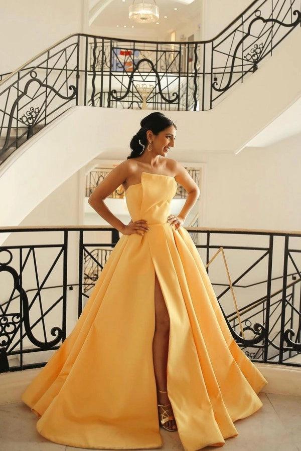Yellow Satin Ball Gown Prom Dress Strapless Pleated Corset Back