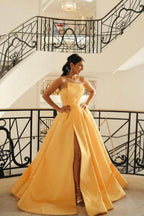 Yellow Satin Ball Gown Prom Dress Strapless Pleated Corset Back