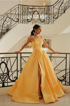 Yellow Satin Ball Gown Prom Dress Strapless Pleated Corset Back